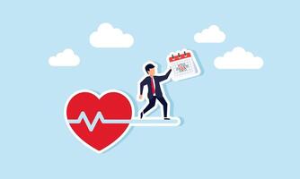 A businessman stands on a heartbeat holding a calendar schedule, illustration of the importance of organizing business event schedules for better structure and efficiency vector