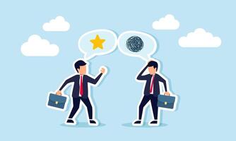 Businessman discussing stars while another businessman looks confused by the explanation, illustration of struggling to understand a discussion on business quality improvement vector