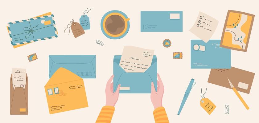 Hands hold envelope with handwritten letter, character read invitation mail at table with stationery, envelopes and coffee, creative paper postcard design, craft letter and greeting mail illustration