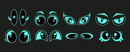 Modern techno y2k cute eyes collection, space trippy face element , futuristic psychedelic facial look groovy shape collection, blue neon trendy acid symbol graphic, retro abstract 90s form set vector
