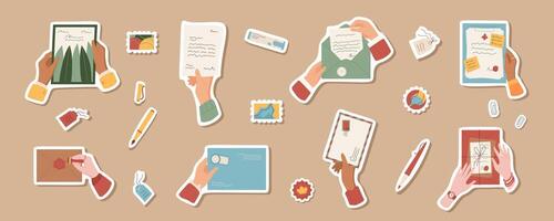 Flat hands with blank mail and letters sticker set illustration, colorful isolated hand writing letter label pack, woman sends envelope and package, cartoon character holds sheet of paper collection. vector