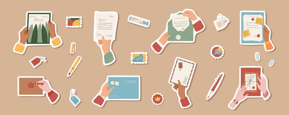 Flat hands with blank mail and letters sticker set illustration, colorful isolated hand writing letter label pack, woman sends envelope and package, cartoon character holds sheet of paper collection.
