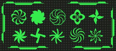 Cyber geometry acid spiral shape design set, space trippy twirl symbol , retro groovy star sparkle element collection, green neon y2k vortex sign aesthetic, geometric 90s swirl icon graphic, vector