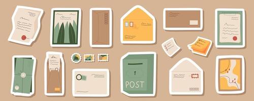 Flat craft mail and letter sticker pack design, trendy style paper envelope with invitation and document patch template, creative handmade letter badge set, cartoon mailbox and postcard stamp. vector