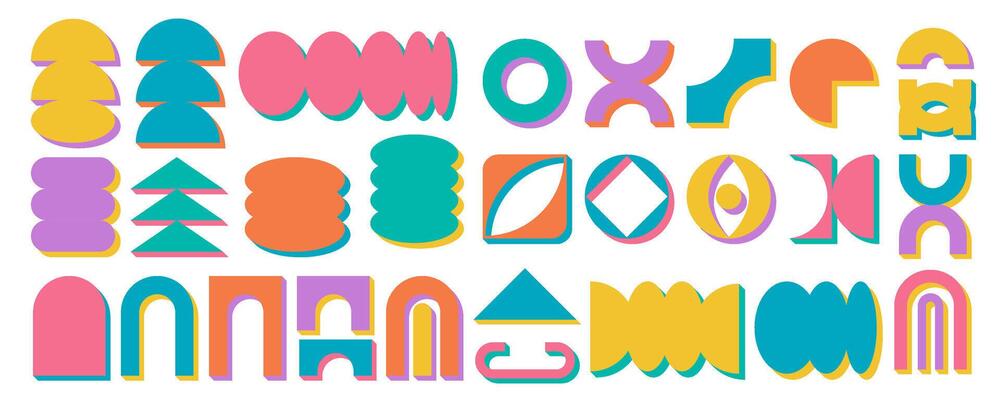 Geometric bold brutalism sign graphic collection, abstract simple shadow figure set, trendy swiss aesthetic with basic symbols for poster or sticker pack, decorative flat silhouette shape.