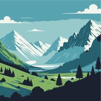 a poster of a mountain landscape with trees and mountains vector