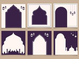 ramadan greeting cards set with arabic arches and lanterns and copy space vector