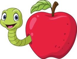 Cartoon smiling a green worm on a red apple vector