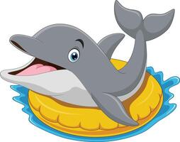 Cartoon happy dolphin on inflatable ring vector