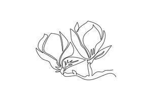 Single one line drawing beauty fresh magnoliaceae for home decor wall art poster print. Decorative magnolia flower concept for invitation card. Continuous line draw design graphic illustration vector
