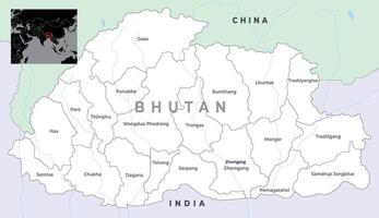 Map of Bhutan with district boundaries with their names and marked with surrounding countries vector
