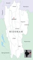Mizoram district map with capital Aizawl, marked most important cities, state of India vector