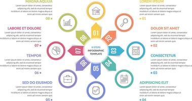 Circle infographic template with eight steps or options, process chart, creative business infographics vector