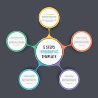 Circle diagram infographic template with five steps, dark background vector
