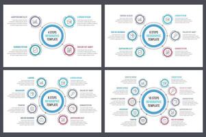 Circle infographic templates with 4, 6, 8 and 10 steps or options, workflow or process diagram vector