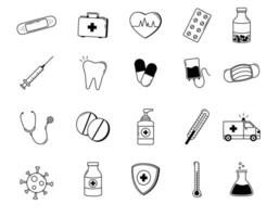 Collection of Medicine and Health Icon Illustrations in Doodle Style vector