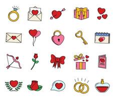 Collection of Wedding Icon Illustrations in Colored Doodle Style vector