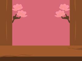 Two stylized branches with pink blossoms frame a soft pink backdrop vector