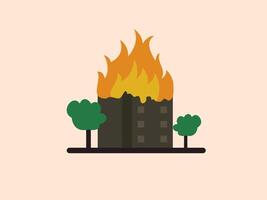 Two green trees stand on either side of the burning structure vector