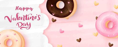 Valentine's day greeting card, web poster design with Sweet bakery donuts in watercolors and layers style with Valentine's day wording on pink background. vector
