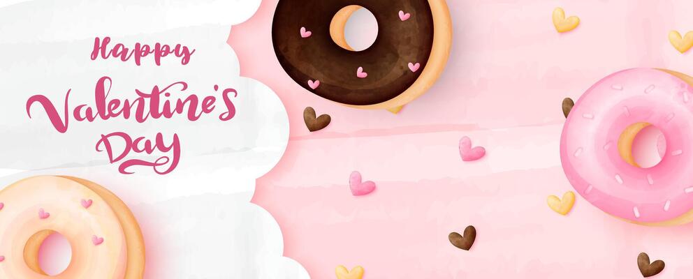 Valentine's day greeting card, web poster design with Sweet bakery donuts in watercolors and layers style with Valentine's day wording on pink background.