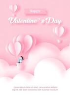 A couple flying on clouds with pink hearts balloon in paper cut style and example texts on pink paper pattern background. vector