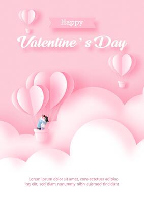 A couple flying on clouds with pink hearts balloon in paper cut style and example texts on pink paper pattern background.
