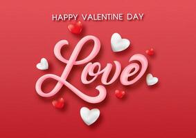 Valentine's day greeting card with Love text, hand lettering typography and 3d hearts on red gradient background vector