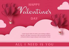 Gift boxes with heart balloon floating on pink big clouds in paper cut style with Valentine's day wording and example texts on red background. vector
