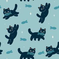 Seamless pattern with cute black cats and fish. graphics. vector