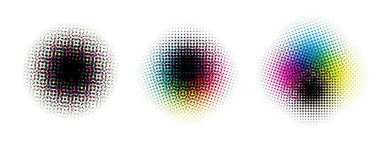Halftone round background set. CMYK color dotted half tone shapes. Grunge ink press splash stains and blots. CMYK textured pixelated circle gradient collection. Print production glitch vector