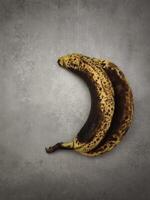 Two overripe bananas resting on gray surface photo