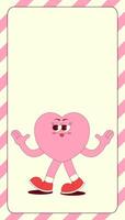 Vertical stories template with walking heart character in retro groovy style. Social media post with lovely mascot. illustration with copy space vector