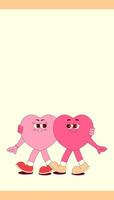 Vertical stories template with walking couple heart characters in retro groovy style. Social media post with psychedelic mascot. illustration with copy space vector