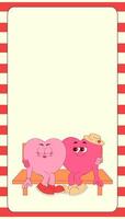 Vertical stories template with couple heart characters on the bench in retro groovy style. Social media post with psychedelic mascot. illustration with copy space vector