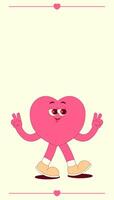 Vertical stories template with walking heart character in retro groovy style. Social media post with psychedelic mascot. illustration with copy space vector