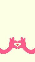 Vertical stories template with two hands makes heart. Happy Valentines day, 14 february. Retro groovy style. Love concept. illustration with copy space vector