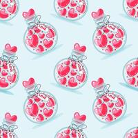 Valentines day seamless pattern with jars filled with hearts. illustration on blue background vector