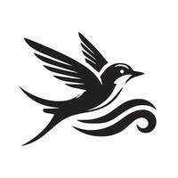 A graphic design showcasing a bird in flight, depicted in a stylized, black and white, silhouette format. vector