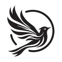 A stylized, black silhouette of a bird in flight, set against a large, dark circle. vector