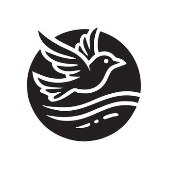 A bold, stylized silhouette of a bird in flight, set within a circle. vector