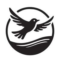 A stylized, black silhouette of a bird in flight, encircled by a stylized hand. vector