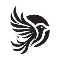 A stylized, black and white graphic of a bird in flight, set against a circular background design. vector