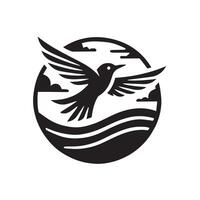 A stylized black and white graphic of a bird in flight, encircled by water waves. vector