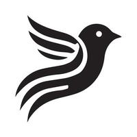 A stylized, black and white graphic of a bird in flight, set against a circular background with a sunset and water-like design. vector