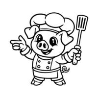 fun cute chef pig with spatula cartoon character isolated drawing line style sketch classic vintage design illustration vector