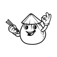 fun happy dim sum with chopstick and straw hat cartoon character isolated drawing line style sketch classic vintage design illustration vector