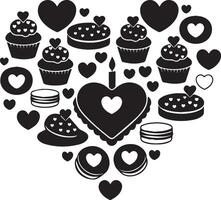 Valentine's Day Themed Cupcakes and Cookies Design, Black and white illustration of cupcakes, cookies, macarons, and hearts arranged in a heart shape, perfect for romantic themes. vector