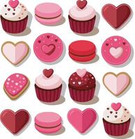 A seamless cupcake pattern with hearts featuring cute and colorful desserts like chocolate, strawberry, and cherry cupcakes in a pink cartoon style vector