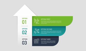 Upward arrow infographic with 3 options to success. Presentation, Data, Report, Plan and Strategy. vector